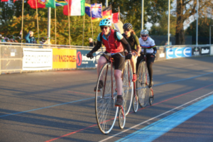 The greatest distance on a penny farthing in one hour (paced, female) 